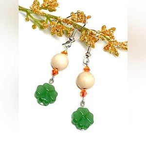 Green Glass Shamrock Clover Irish Ulster White Marble Orange Crystal Earrings 2”